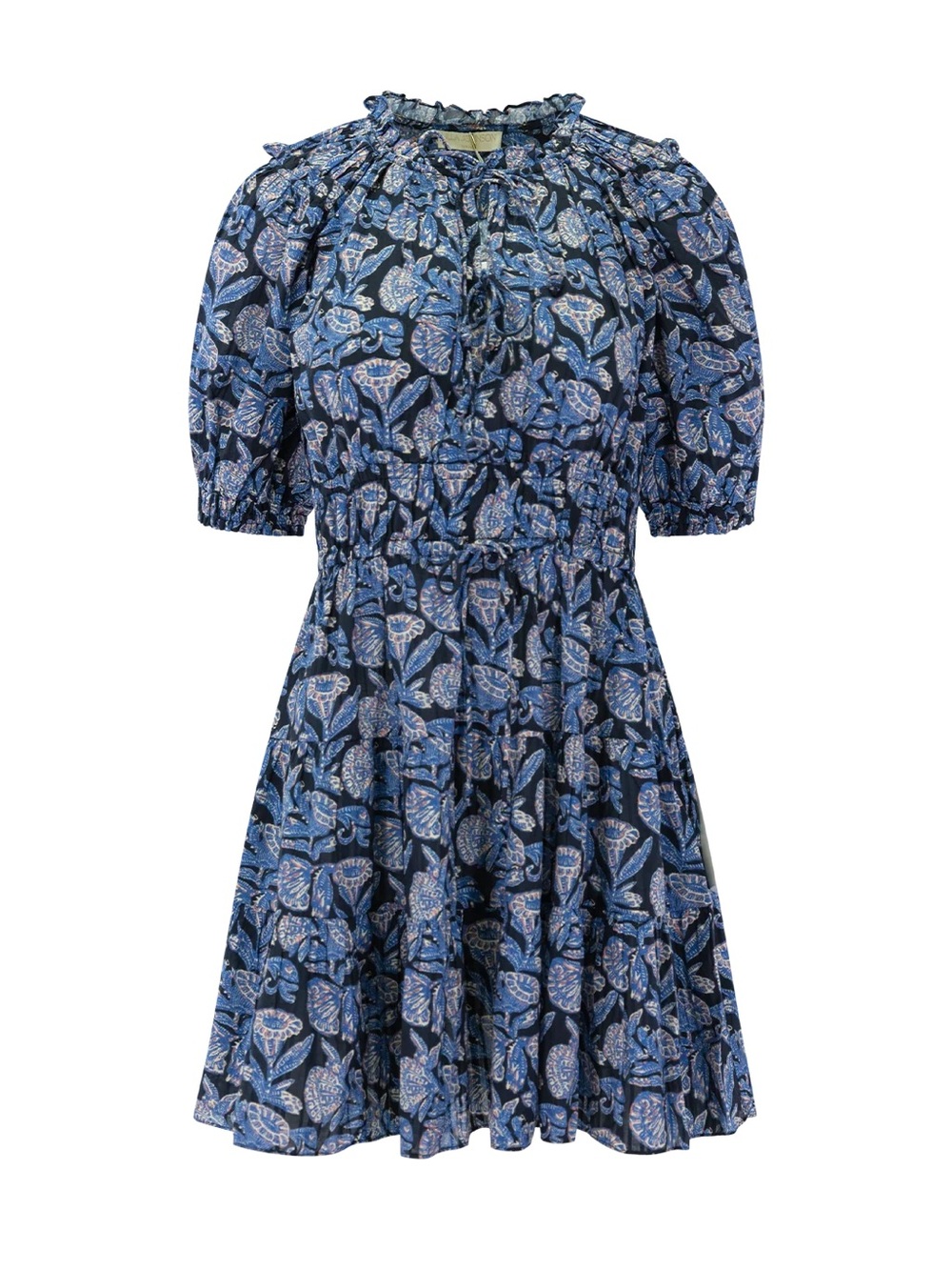 Ulla Johnson Blue Floral Short-Sleeve Smocked Waist Dress